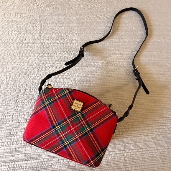 Dooney & Bourke Handbags - Dooney & Bourke Red Tartan Plaid Crossbody Bag Black Leather Trim Braided Strap